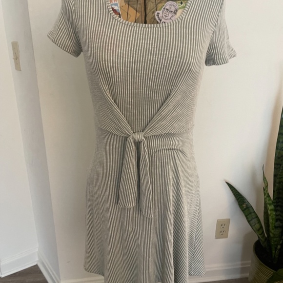 Caution to the Wind Light Green Striped Self tie A line Stretch Dress Size Large - Picture 9 of 9